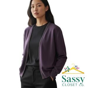 Lands’ End Purple Jewel Tone Cardigan Women’s L Beaded Trim Hook‑Eye Closure EUC